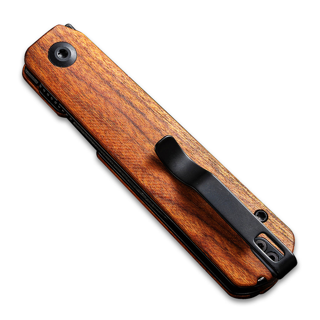 Closed clip side of a CIVIVI Sendy Pocket Knife with a Guibortia Wood handle and a black stonewash nitro V drop point blade