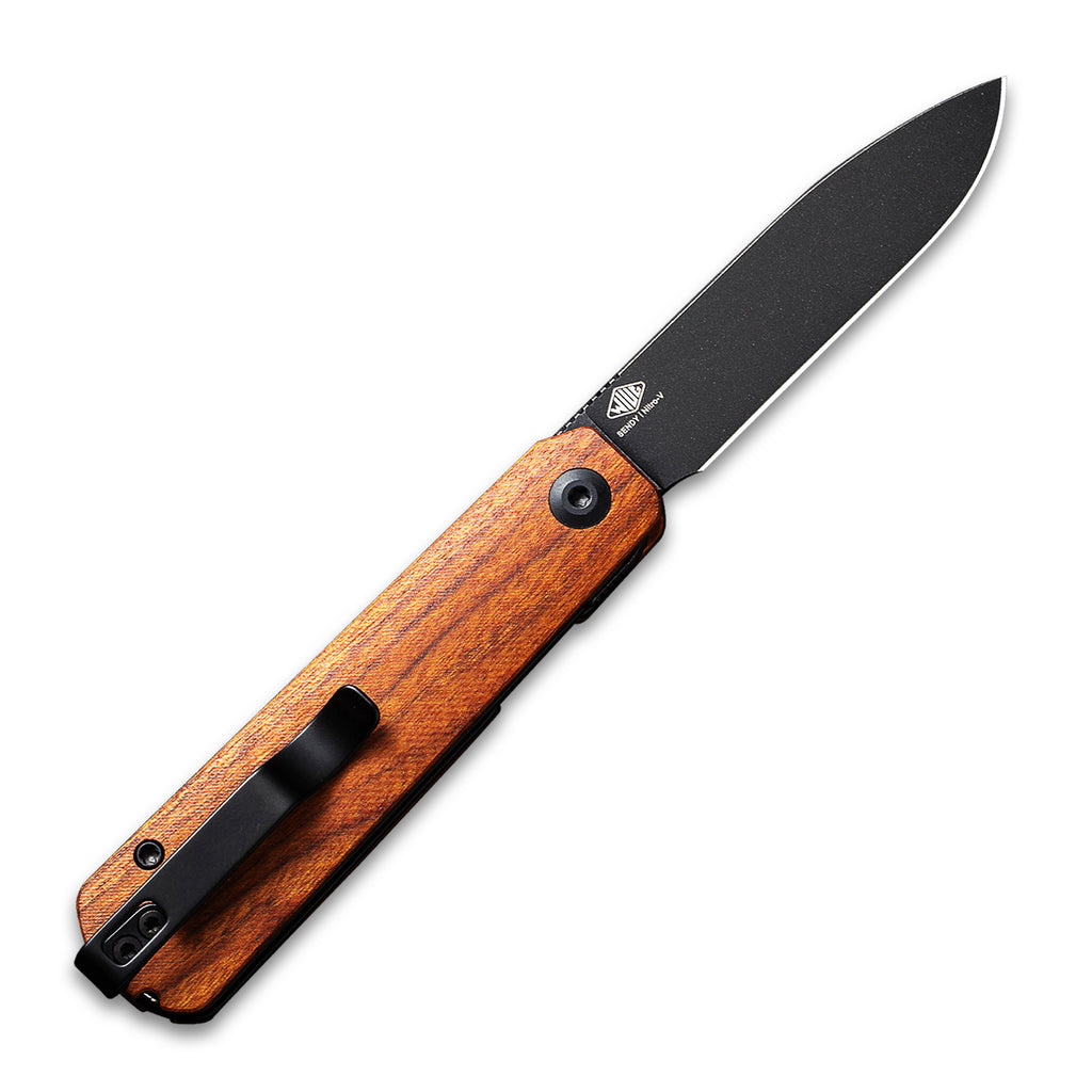 Opened clip side of a CIVIVI Sendy Pocket Knife with a Guibortia Wood handle and a black stonewash nitro V drop point blade