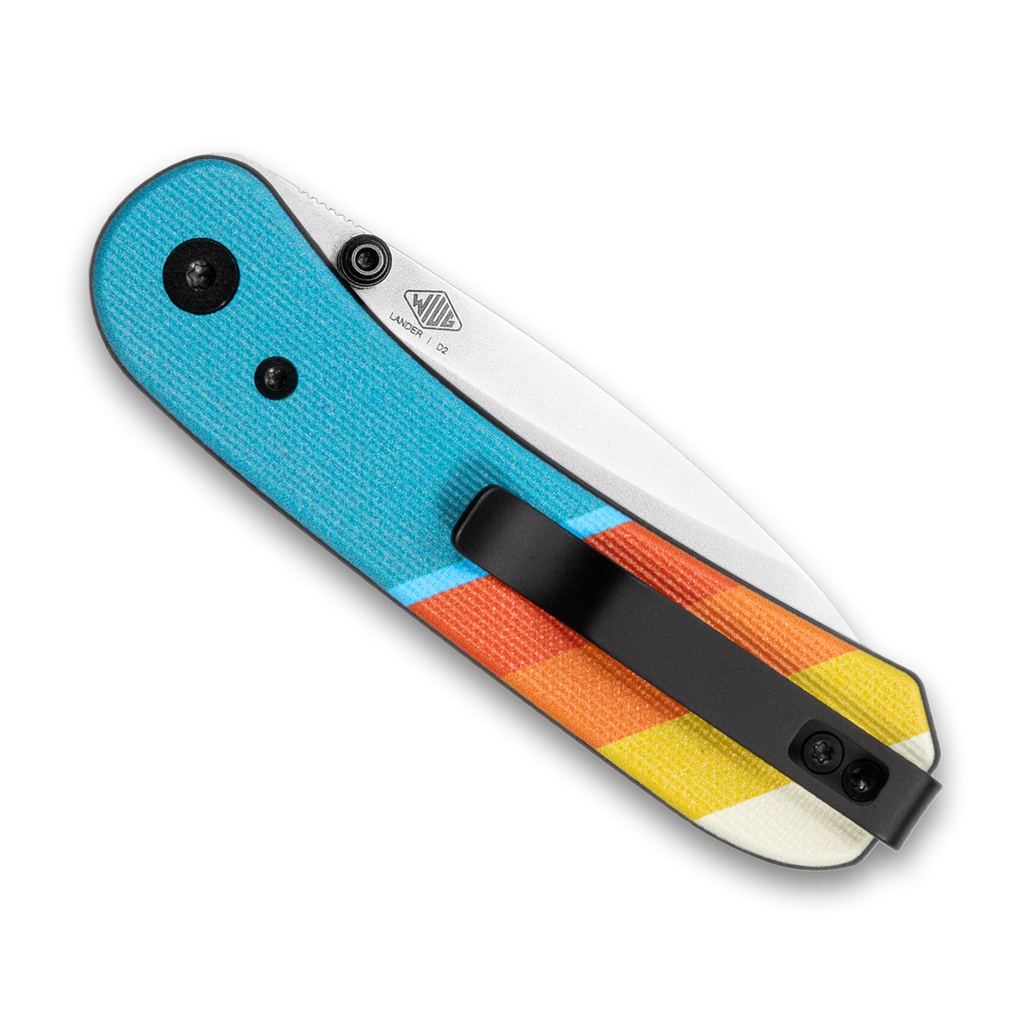 Knafs Lander 1 Pocket knife with Good Vibes scales, closed back side with a D2 silver stone washed blade, lying flat on a white background at a 45 degree angle