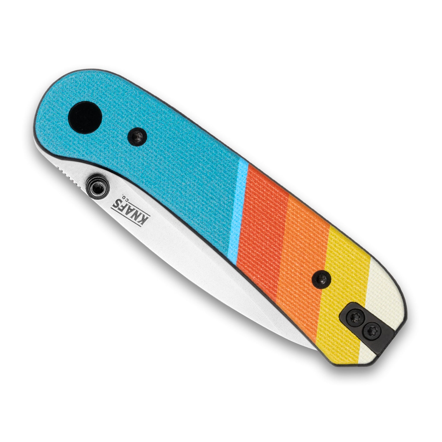 Knafs Lander 1 Pocket knife with Good Vibes scales, closed front side with a D2 silver stone washed blade, lying flat on a white background at a 45 degree angle