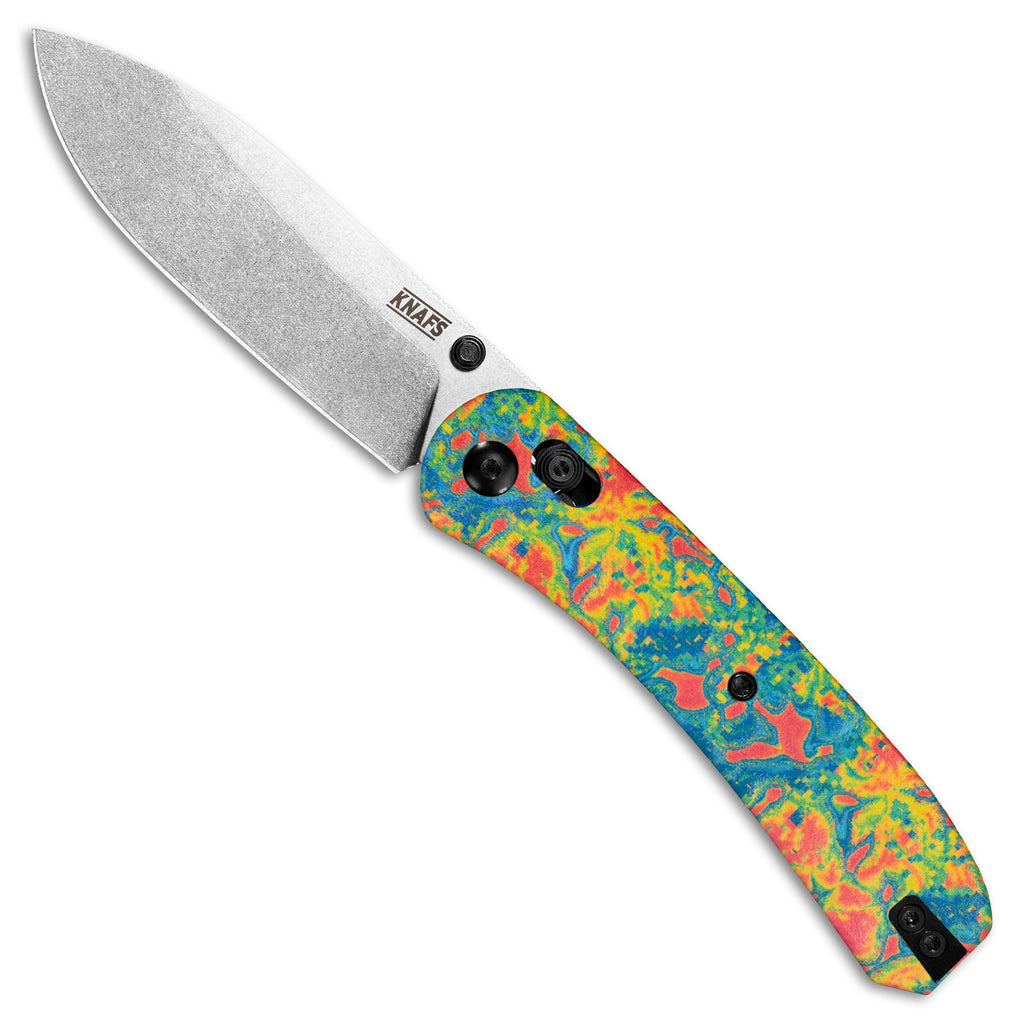 Opened front side of a Knafs Lander 2 Pocket Knife with Chromascale Heatmap patterned scales and a Stonewashed S35VN drop point blade