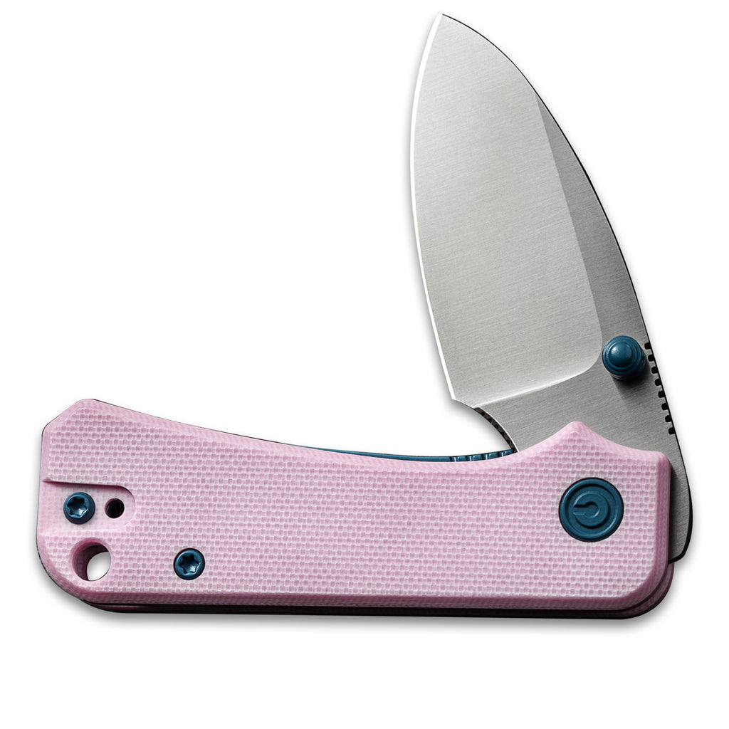 Opened front side of a CIVIV Baby Banter Pocket Knife with Powder Pink G10 scales and a Satin Nitro V flat grind drop point blade that is 45-degrees open