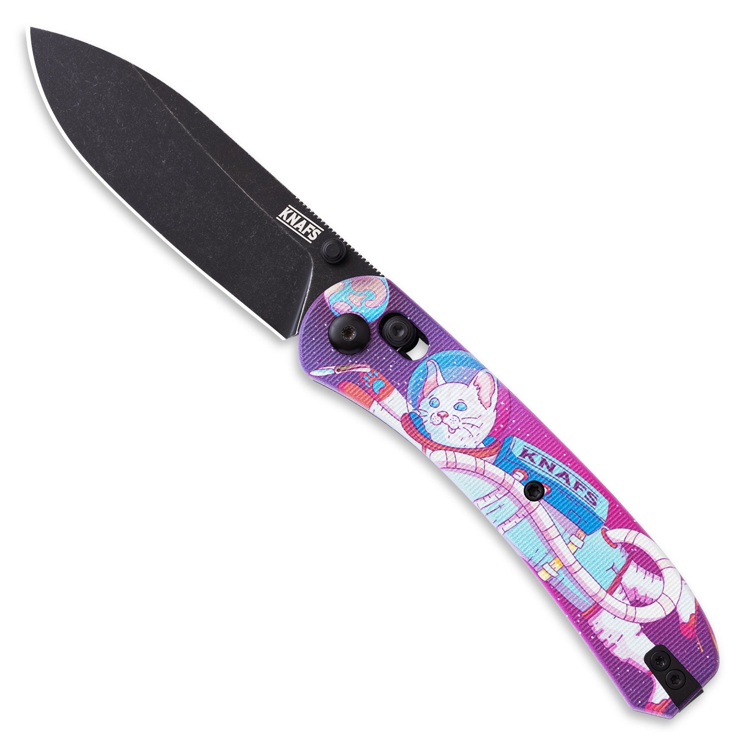 Lander 2 Pocket Knife - Printed G10 Scales - Pre-built Black Stonewash - Cosmo Kitty Crew