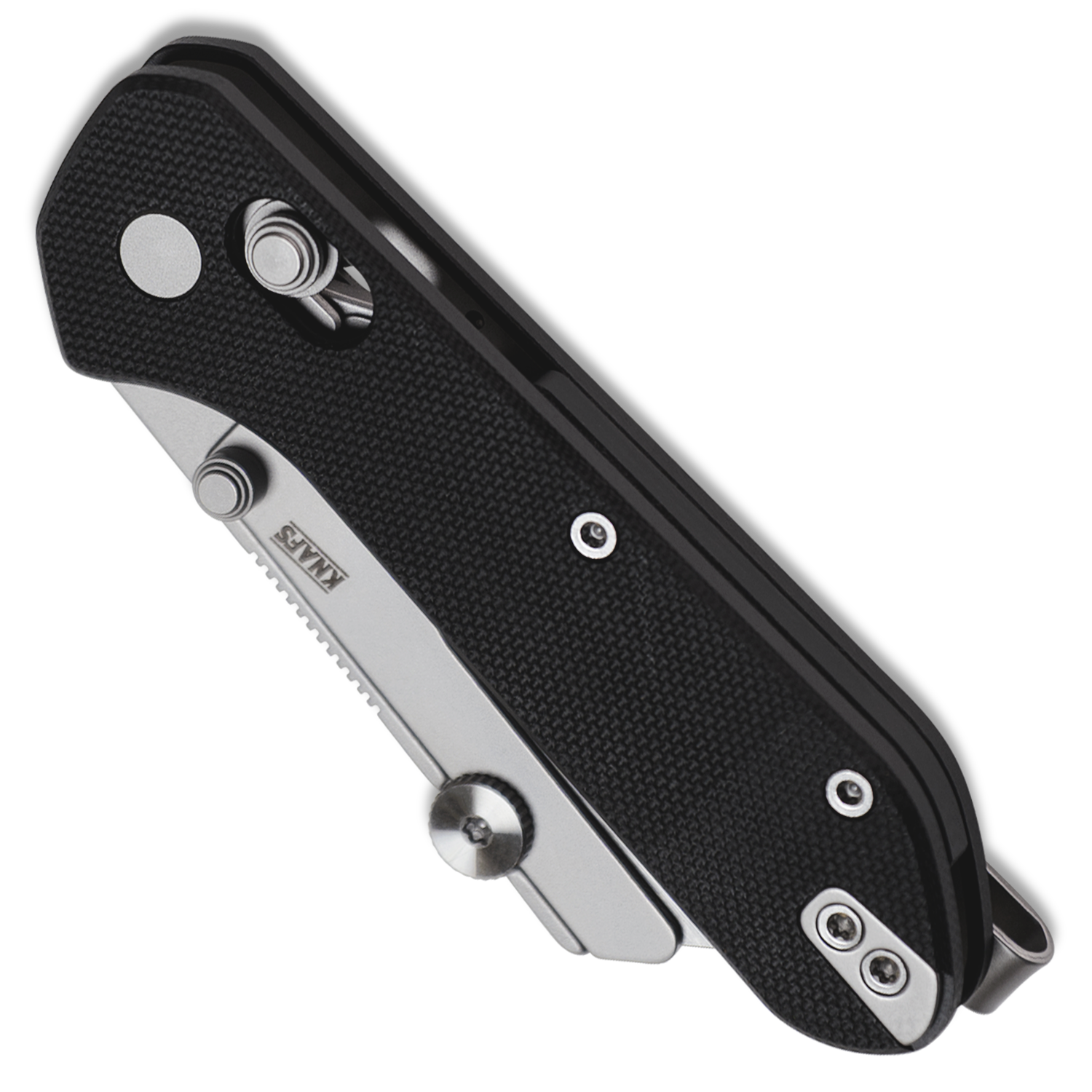 Yuti utility knife with black G10 handle, closed, back angled view