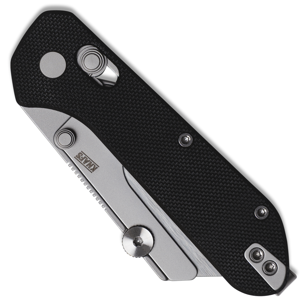 Yuti utility knife with black G10 handle, open, back angled view