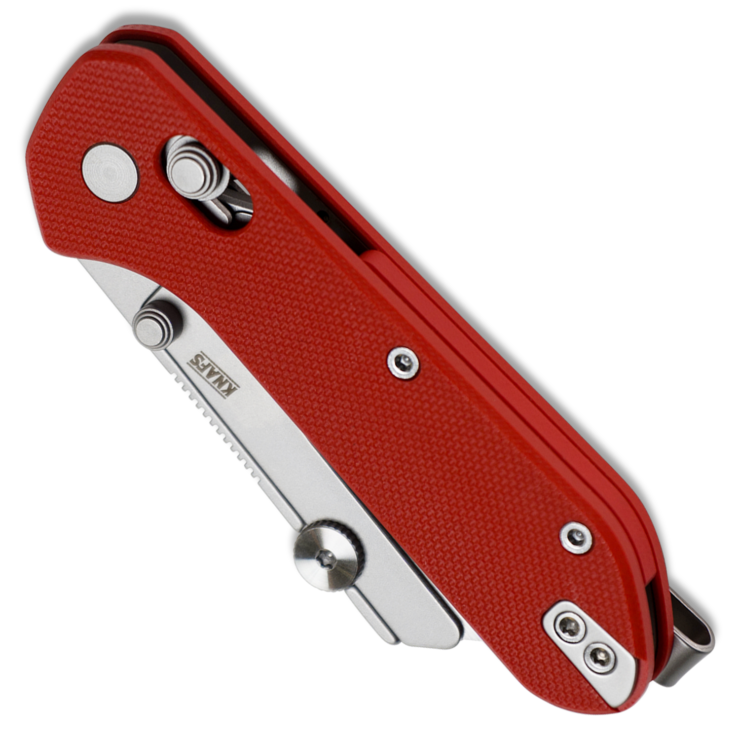 Yuti utility knife with red G10 handle, closed, angled studio shot