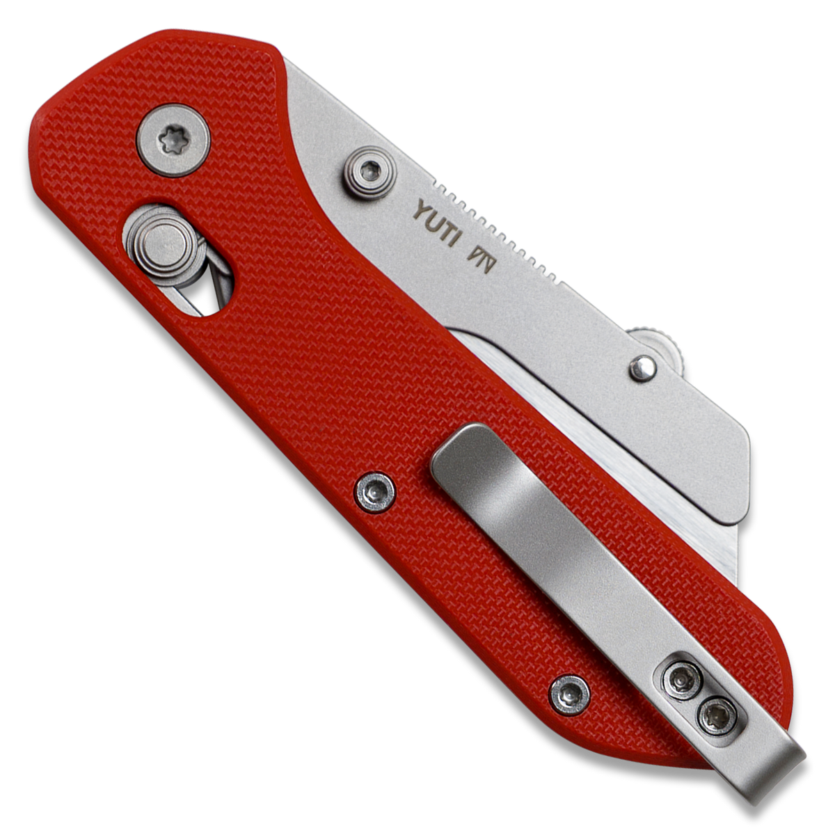 Yuti utility knife with red G10 handle, closed, back angled view