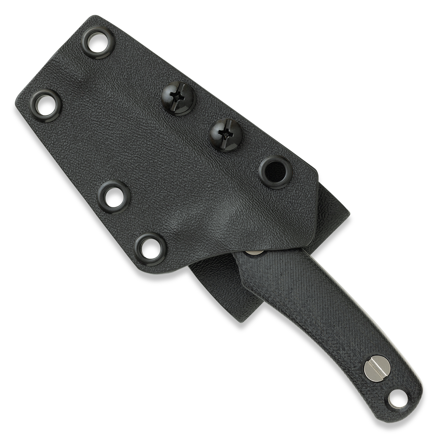 A black textured Kydex knife sheath with a matching black handle, shown on a clean white background. The sheath features multiple pre-drilled grommets and two black screws, while the handle has a silver metal rivet.