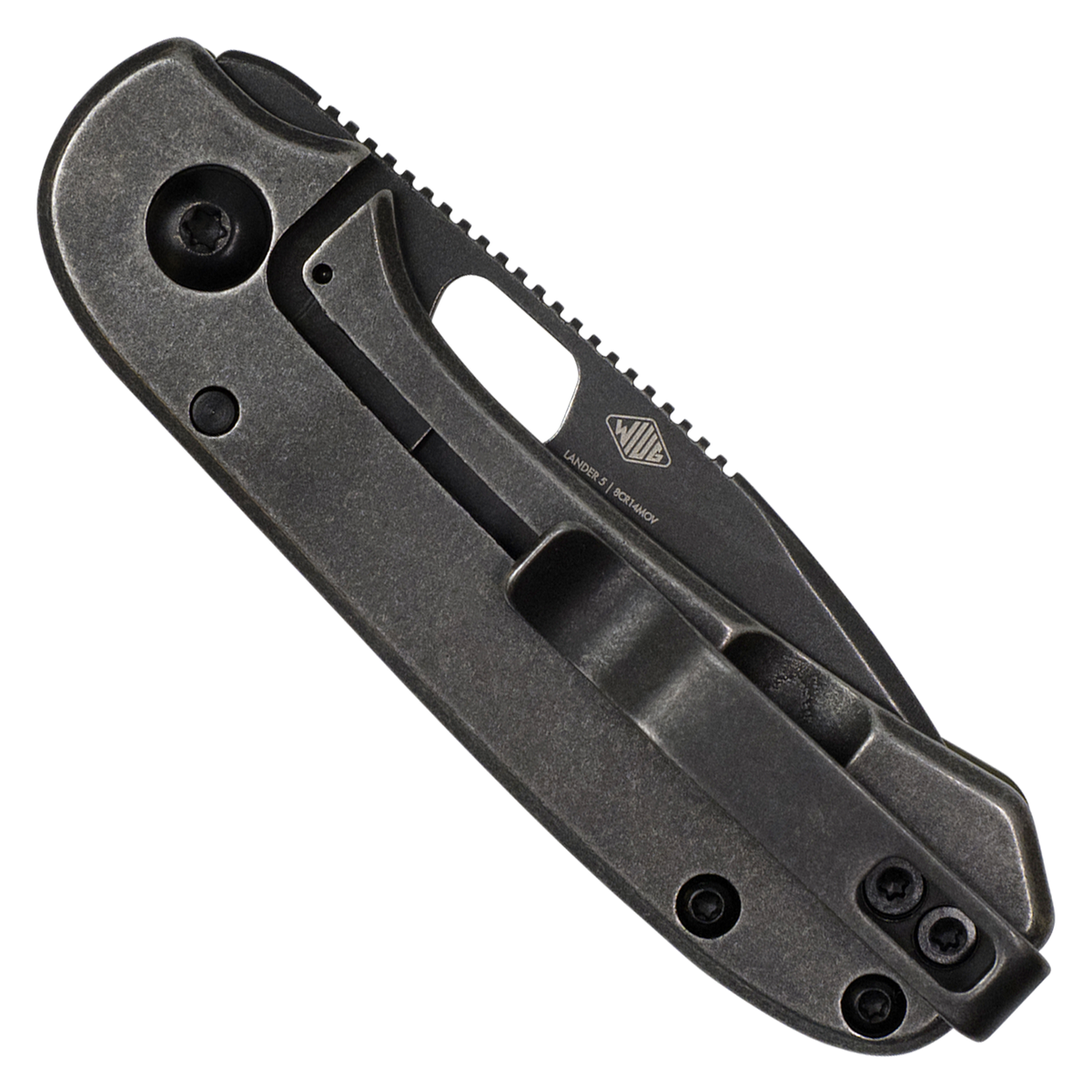 A dark gray folding pocket knife with a textured metal finish, shown partially open against a solid white background.