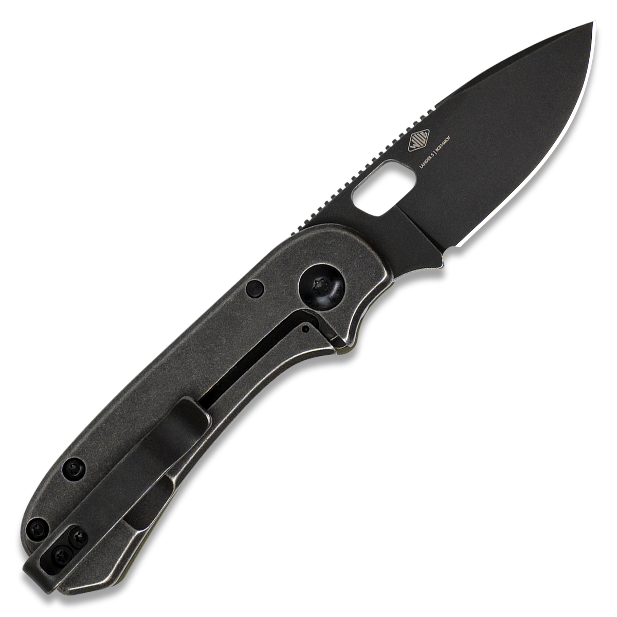 A black folding pocket knife with a textured handle and a partially serrated blade, shown open against a plain white background.