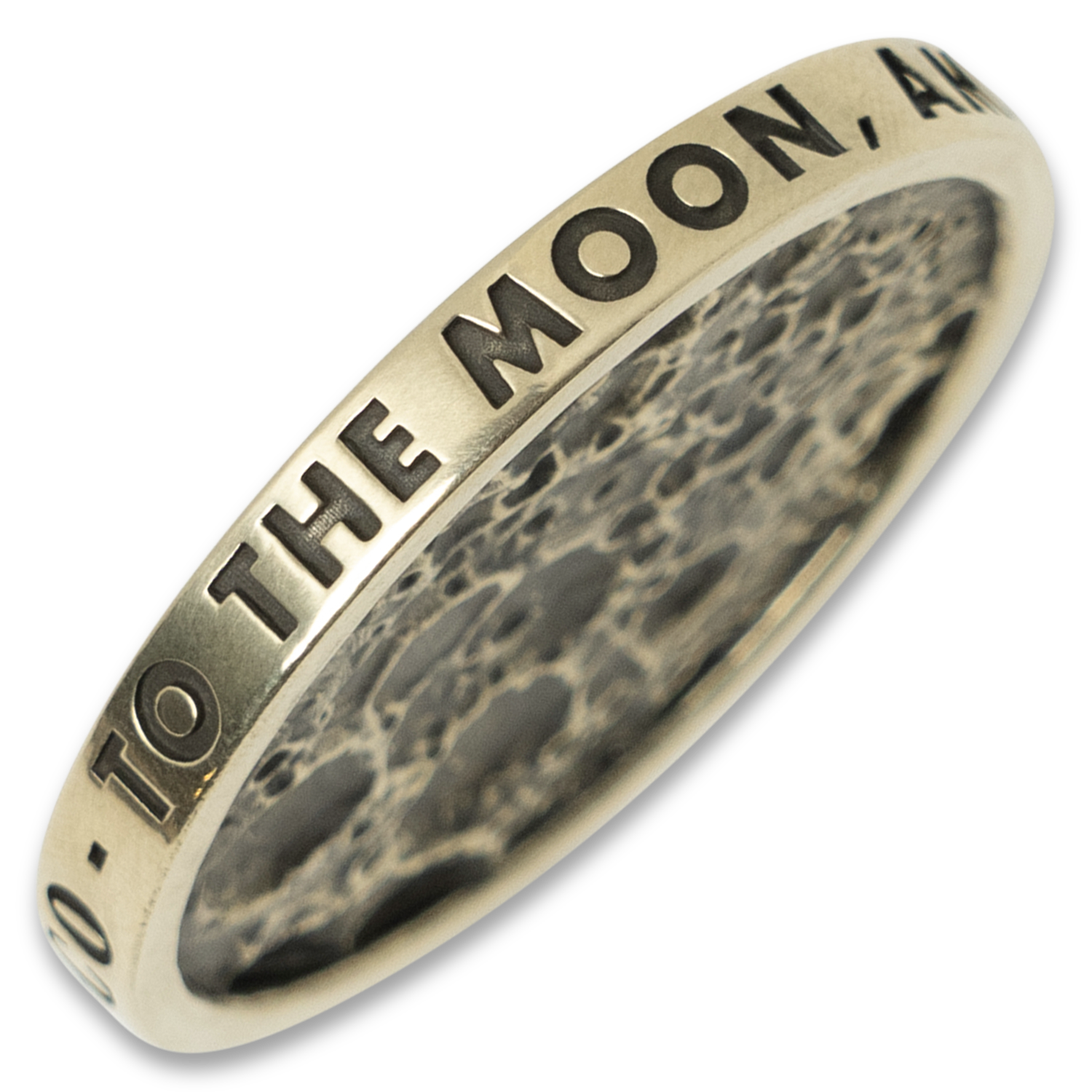 Brass coin with edge engraving that reads "To The Moon, Amigos"