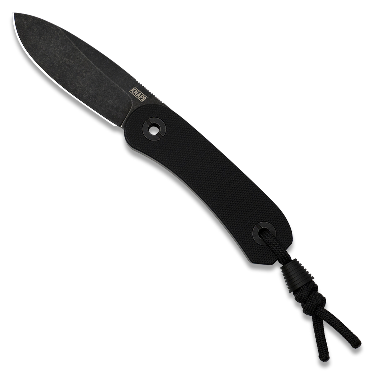 A black pocket knife with a textured handle and a black paracord lanyard, shown open on a solid white background.