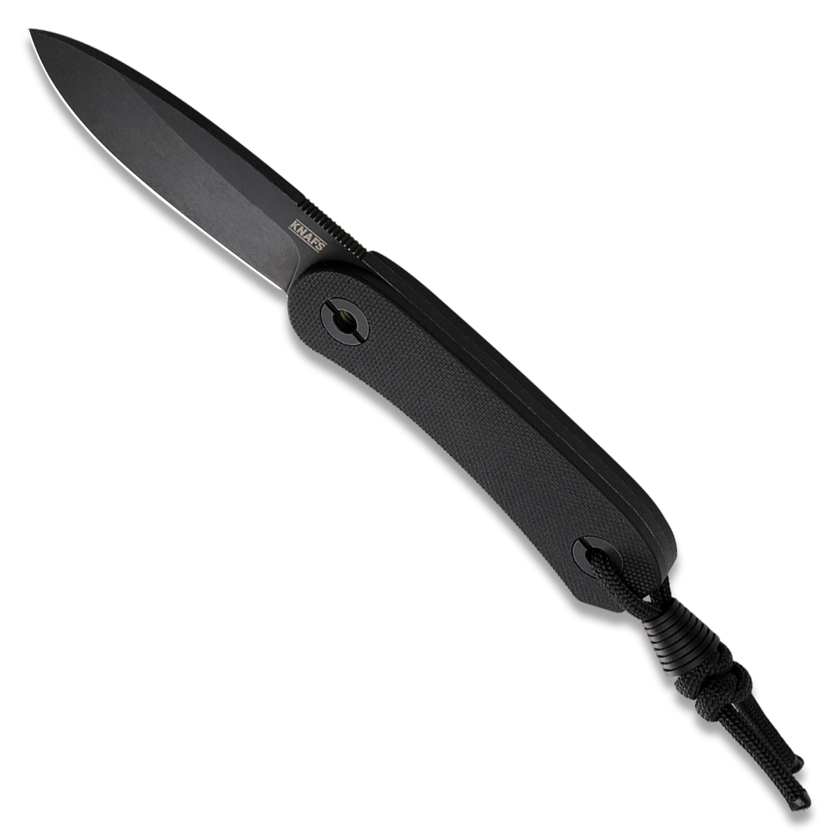 A black tactical knife with a textured handle and a black-coiled lanyard, shown open on a solid white background.