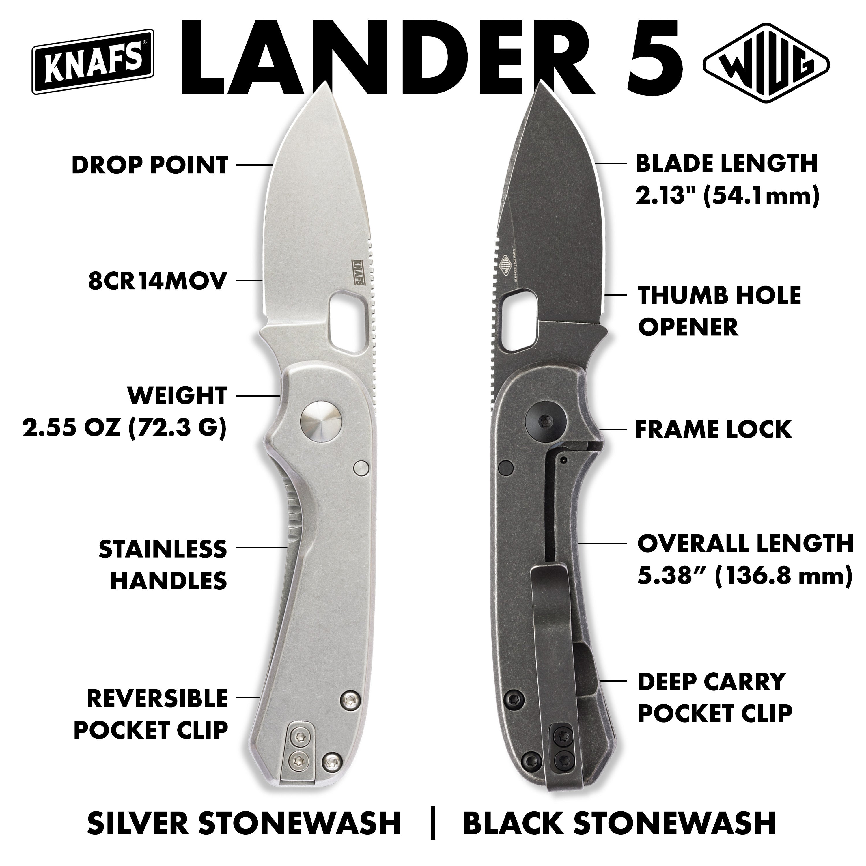 Two KNAFS Lander 5 knives with specifications labeled on a white background