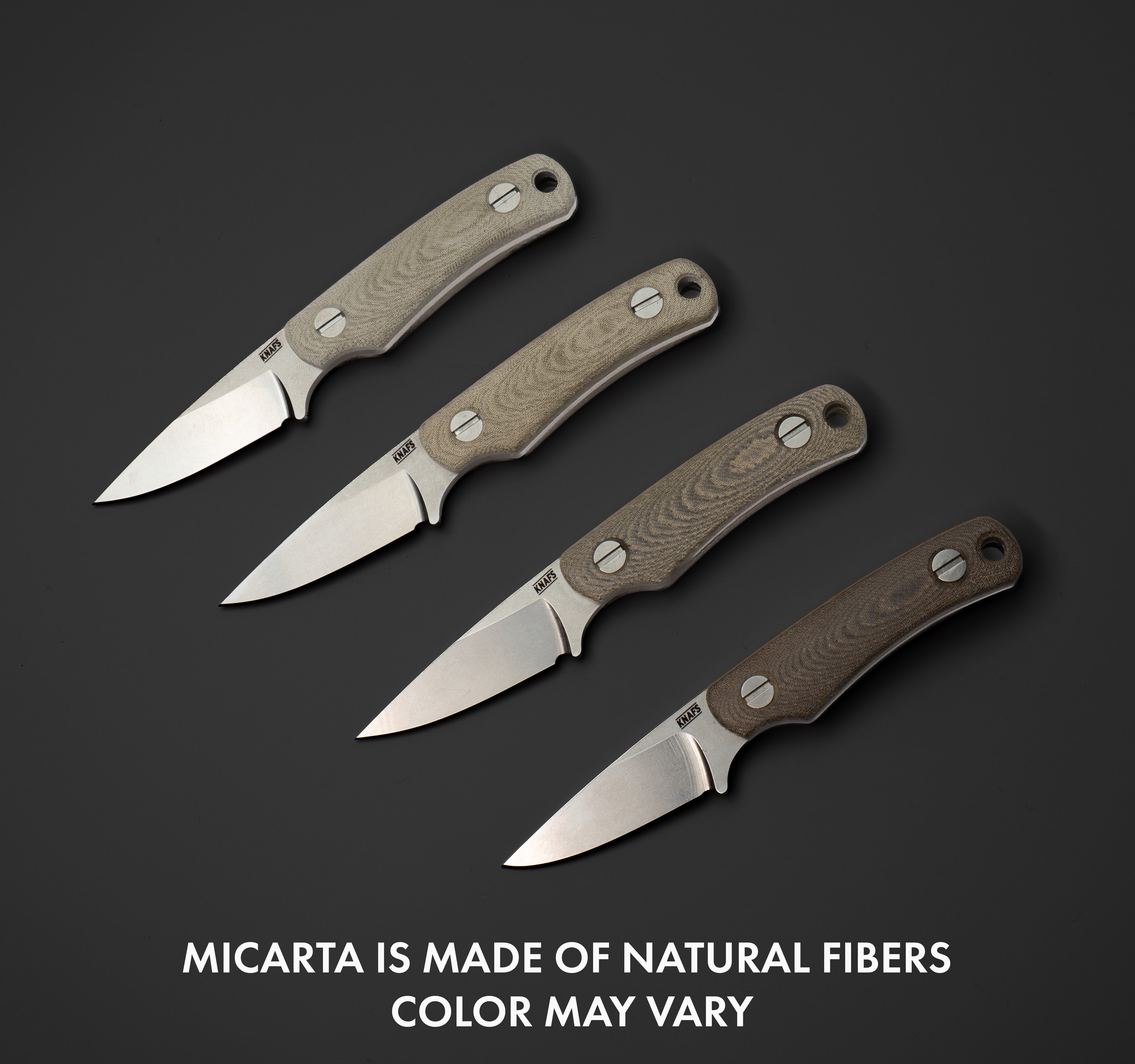 Four Little Lulu fixed blade knives lined up showing different micarta handle color options