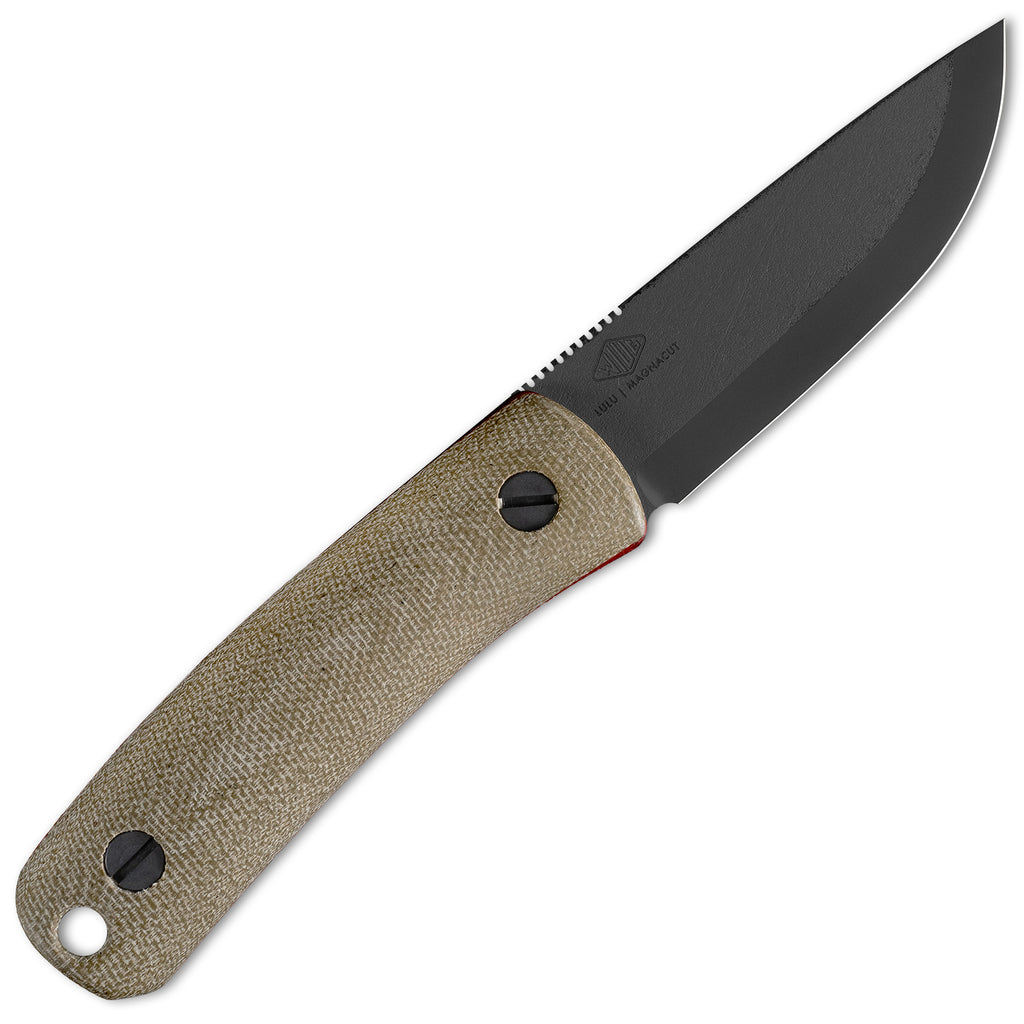 Knafs Lulu Fixed Blade Knife with green micarta handles layered with red g10, featuring Black PVD coated CPM MagnaCut blade steel - back of knife
