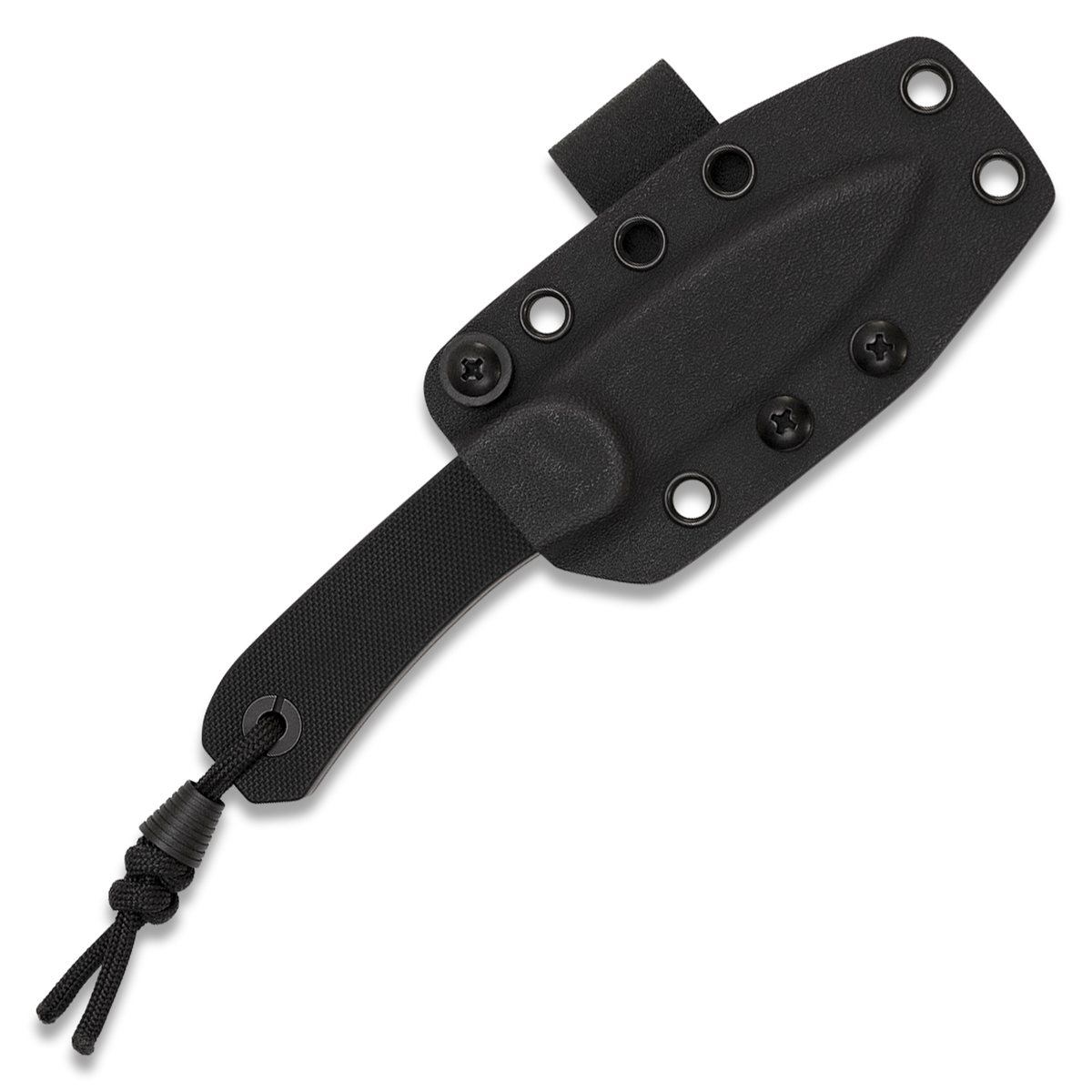 A black Kydex knife sheath with a textured interior, multiple screw holes, a belt loop, and a black paracord lanyard, shown on a solid white background.