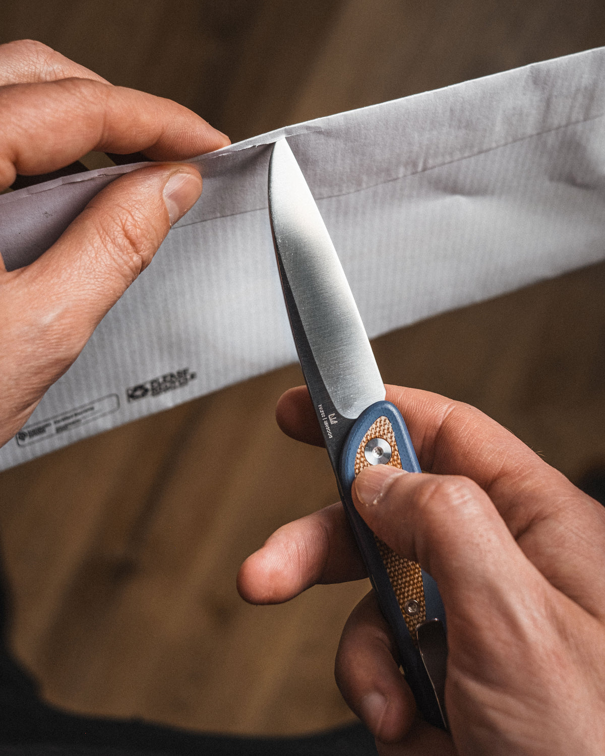 Couteau de poche Doodler - Plaquettes G10 Bleu Horizon - Incrustations Micarta Marron - S35VN