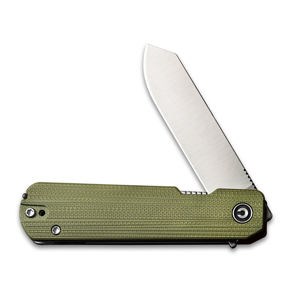 45 degrees opened front side of a CIVIVI Sendy Pocket Knife with a G10 green handle and a satin nitro V spey point blade