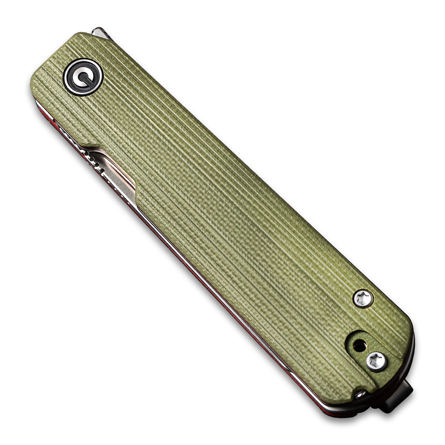 Closed front side of a CIVIVI Sendy Pocket Knife with a G10 green handle and a satin nitro V spey point blade