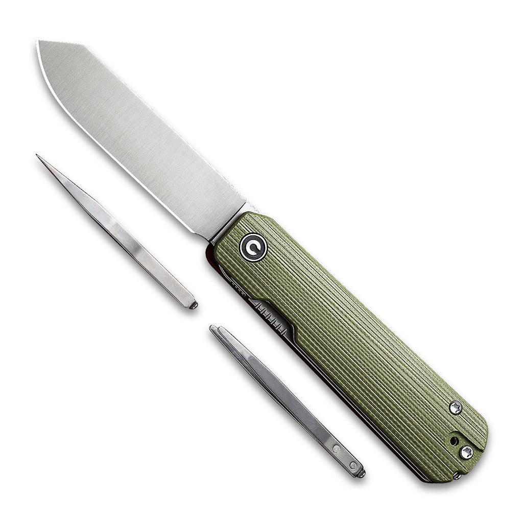 Opened front side with tools of a CIVIVI Sendy Pocket Knife with a G10 green handle and a satin nitro V spey point blade