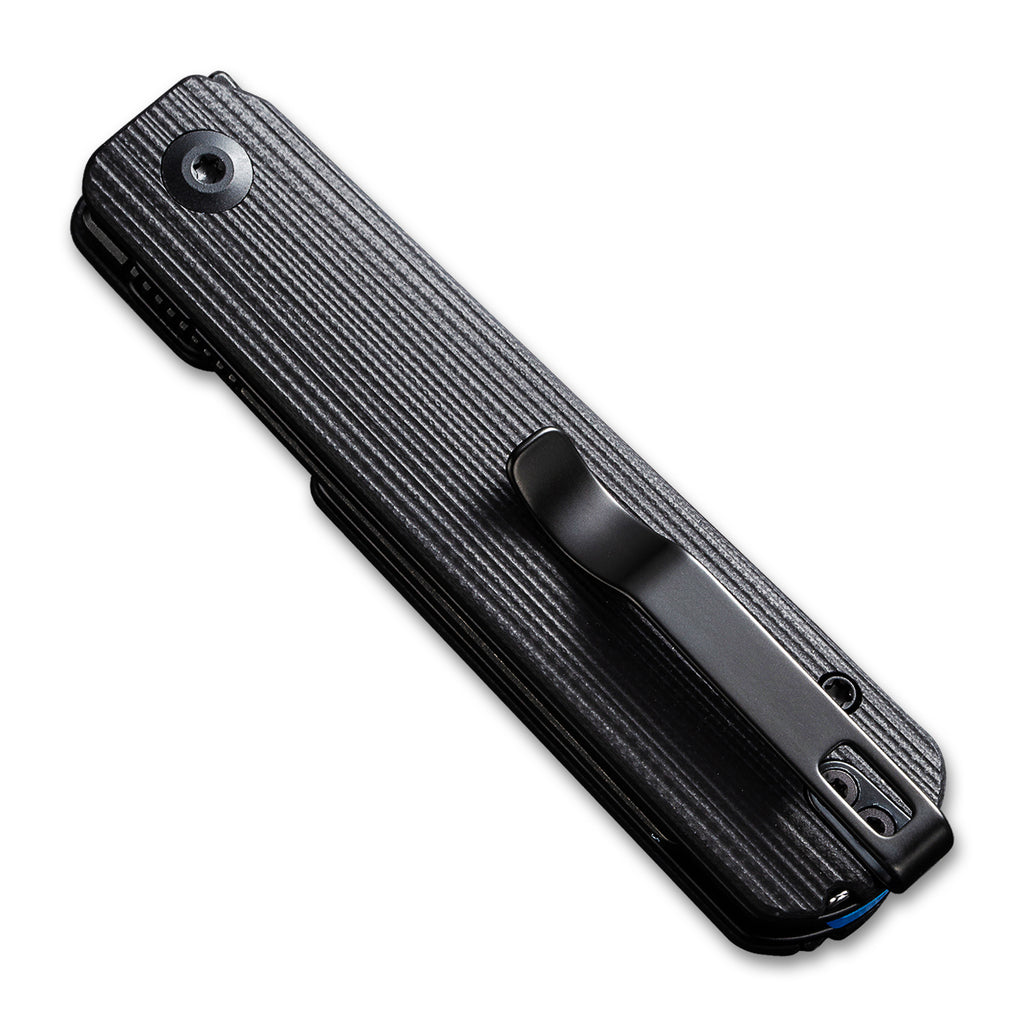 Closed clip side of a CIVIVI Sendy Pocket Knife with a G10 black/blue handle and a black stonewash nitro V spey point blade