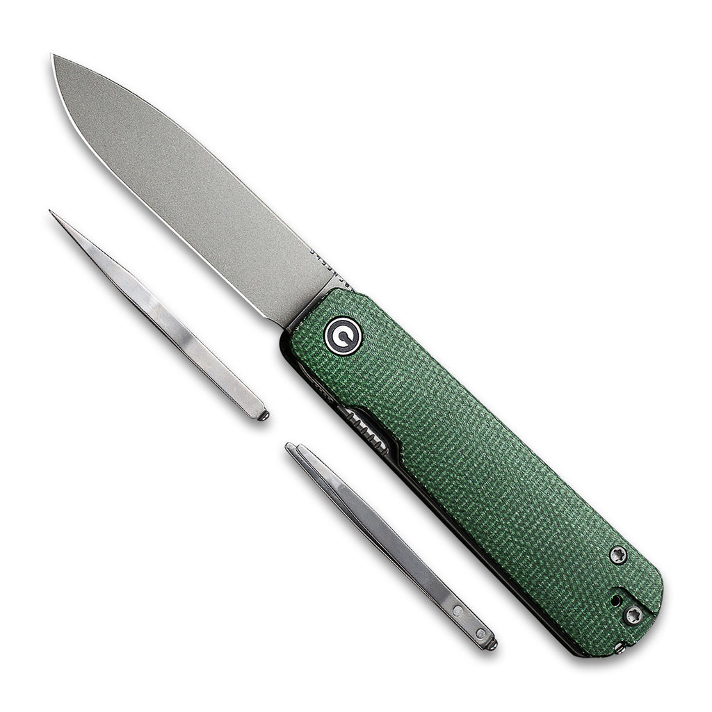 Opened front side with tools of a CIVIVI Sendy Pocket Knife with a Green Micarta handle and a stonewash nitro V drop point blade