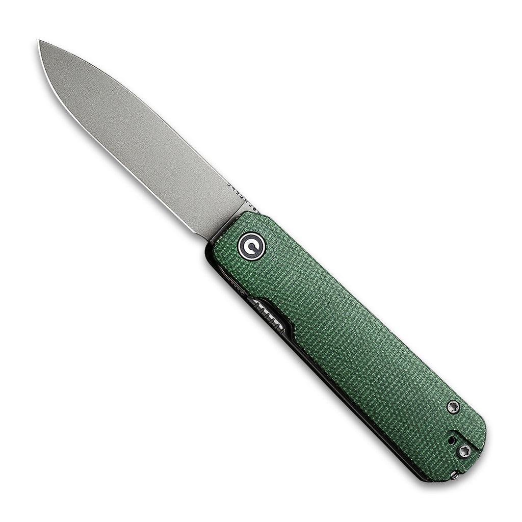 Opened front side of a CIVIVI Sendy Pocket Knife with a Green Micarta handle and a stonewash nitro V drop point blade