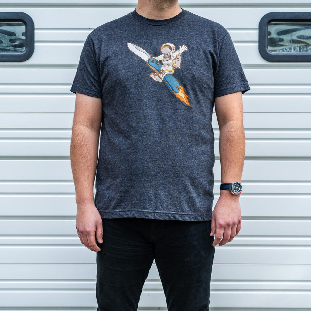 Knafs AstroDude t-shirt in heather gray on model - distant front