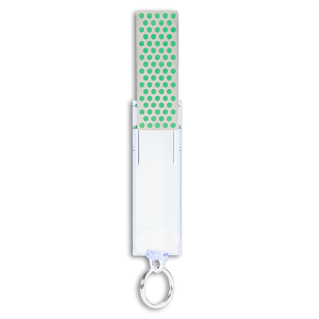 DMT Diamond Mini-Sharp Pocket Knife Sharpener - Green/Extra Fine - Product open on white