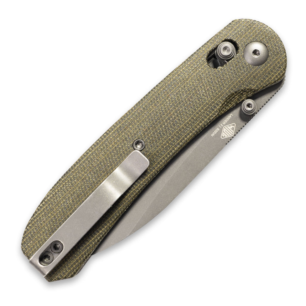 Knafs Lander 2 Pocket Knife - Gray Stonewash S35VN Blade - Green Canvas Micarta Scales - Closed Back