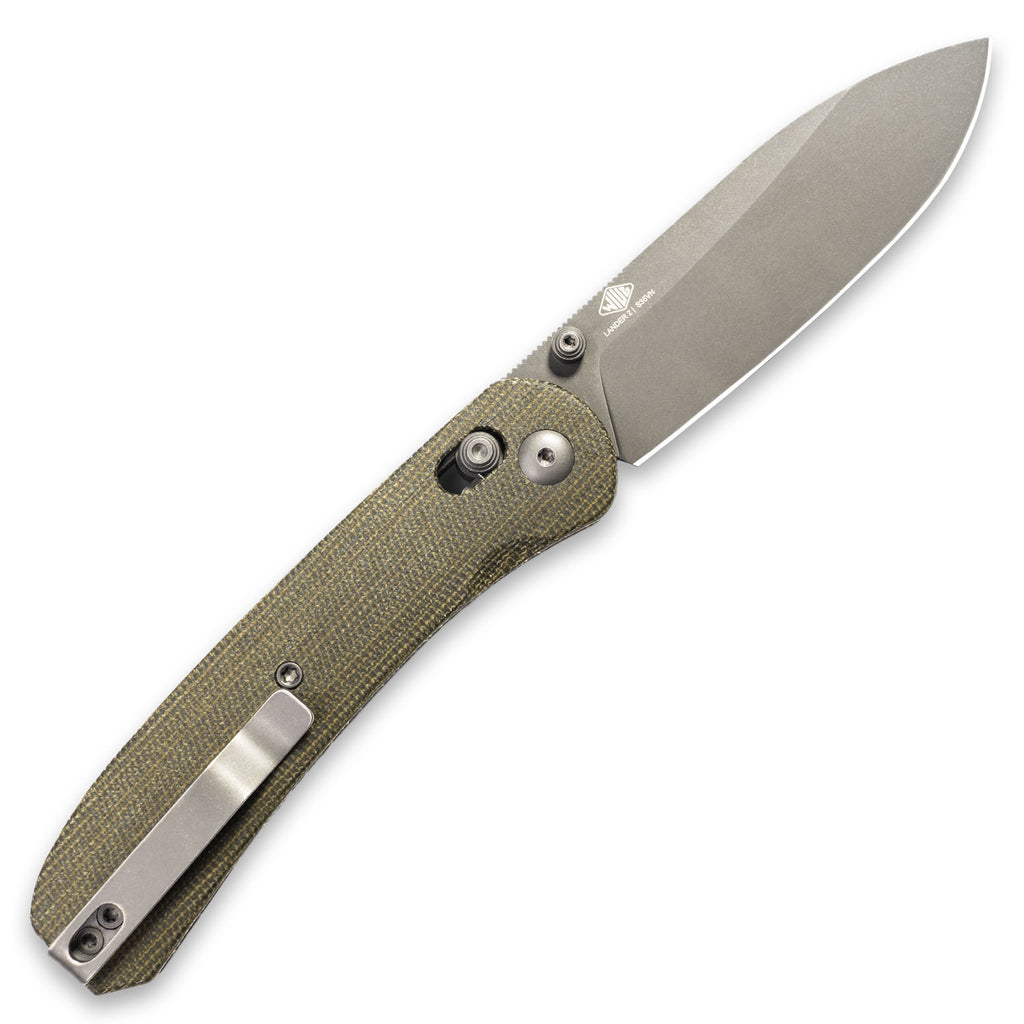 Knafs Lander 2 Pocket Knife - Gray Stonewash S35VN Blade - Green Canvas Micarta Scales - Open Back