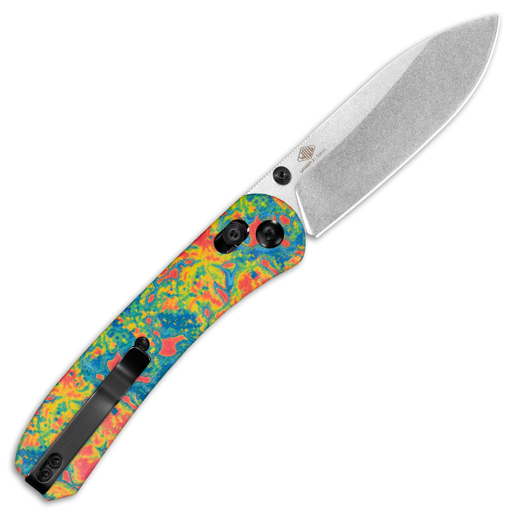 Opened clip side of a Knafs Lander 2 Pocket Knife with Chromascale Heatmap patterned scales and a Stonewashed S35VN drop point blade