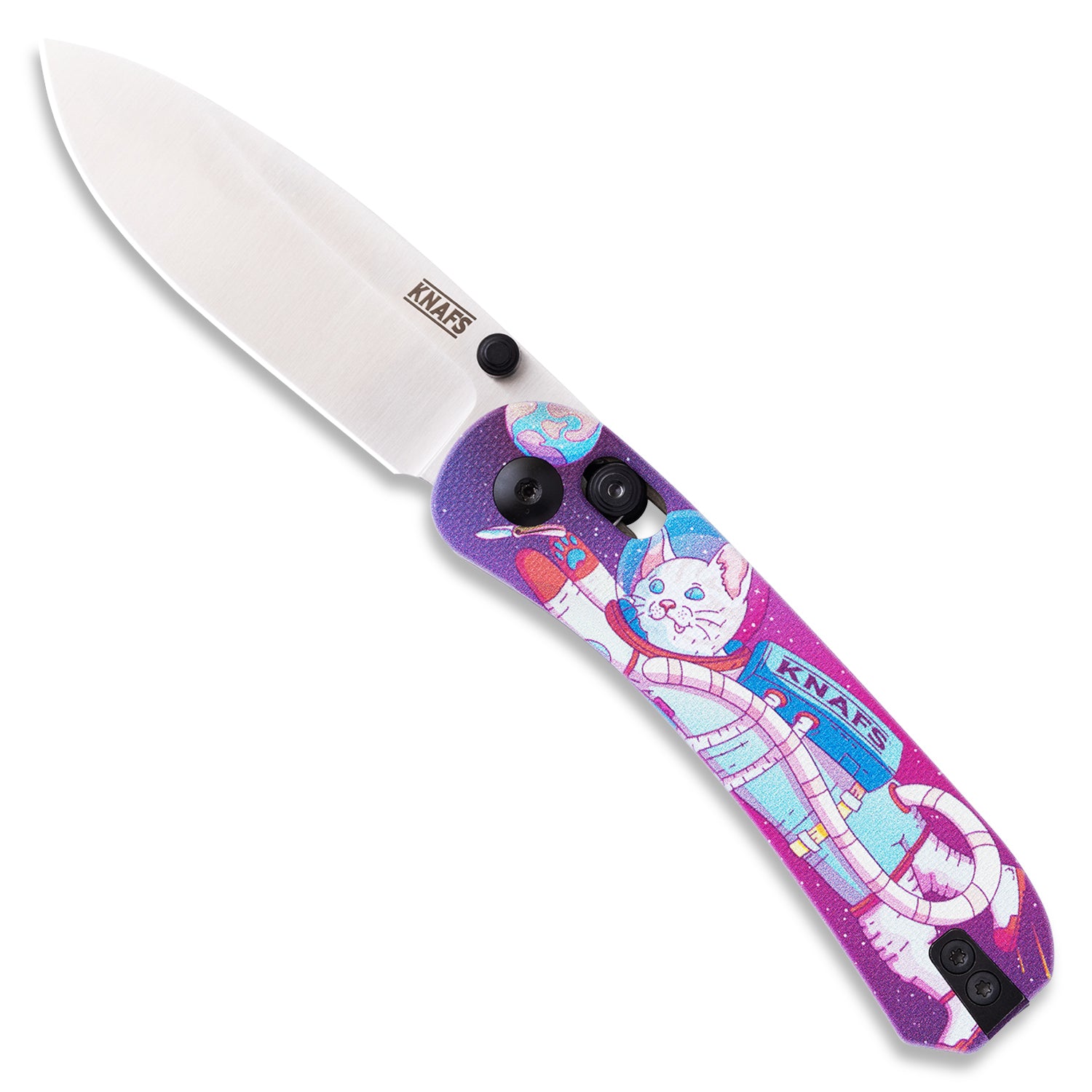 Lander 3 Pocket Knife - Printed G10 Scales - Pre-Built - Gray Stonewash - Cosmic Kitty Crew Handle