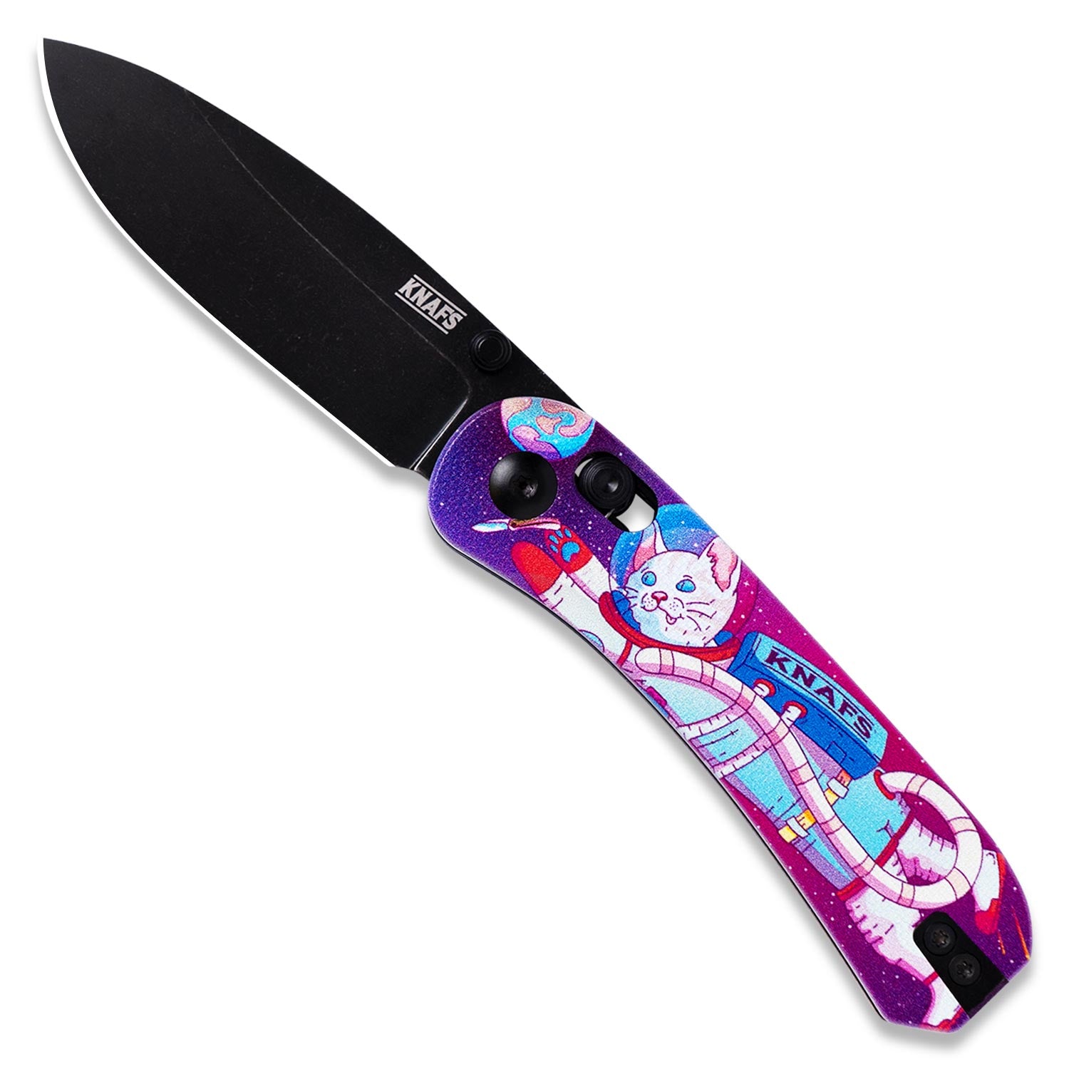 Lander 3 Pocket Knife - Printed G10 Scales - Pre-Built - Black Stonewash - Cosmic Kitty Crew Handle