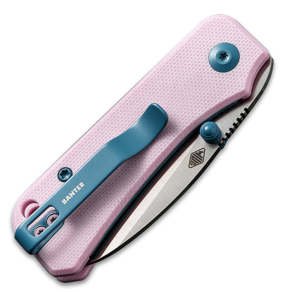 Closed clip side of a CIVIV Baby Banter Pocket Knife with Powder Pink G10 scales and a Satin Nitro V flat grind drop point blade