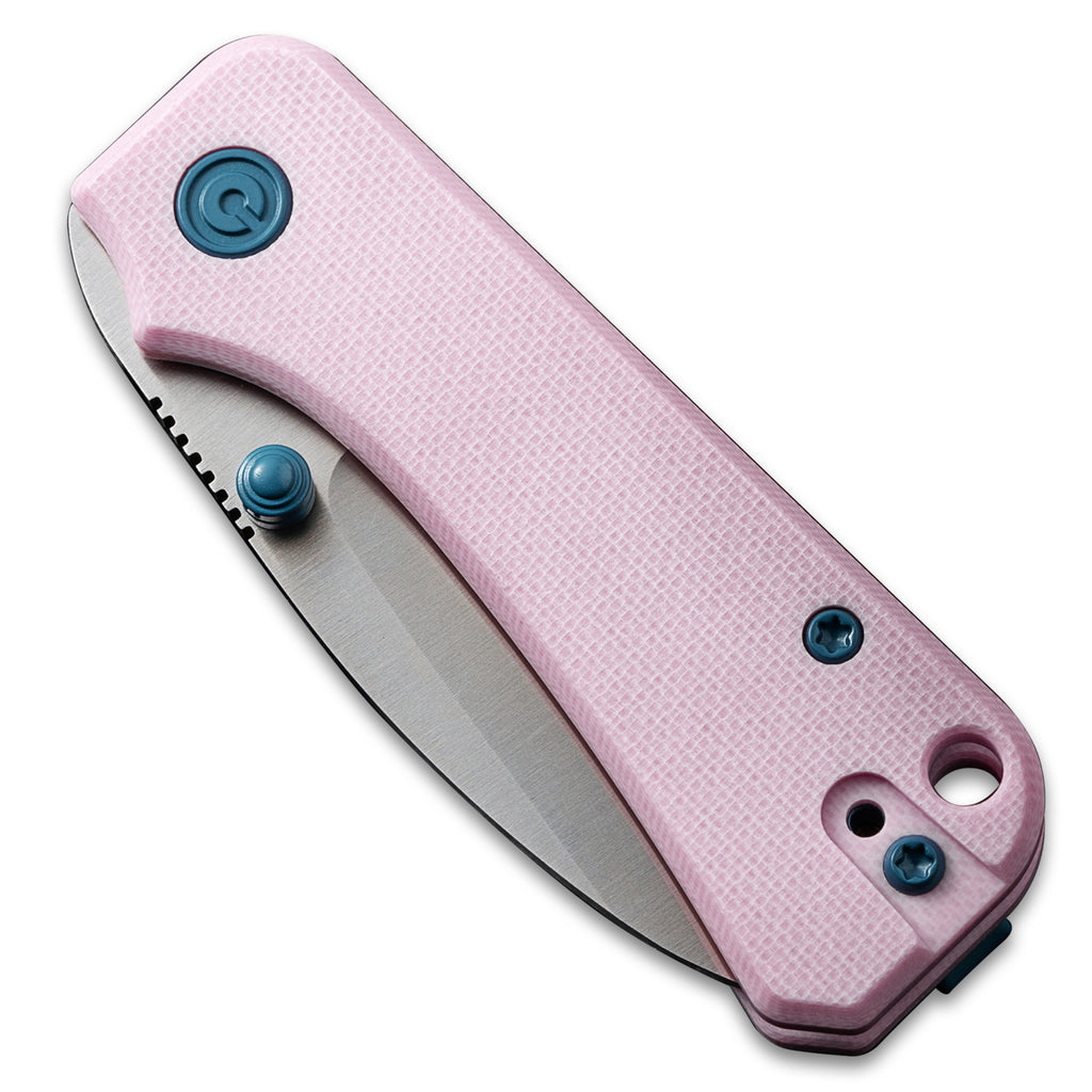Closed front side of a CIVIV Baby Banter Pocket Knife with Powder Pink G10 scales and a Satin Nitro V flat grind drop point blade