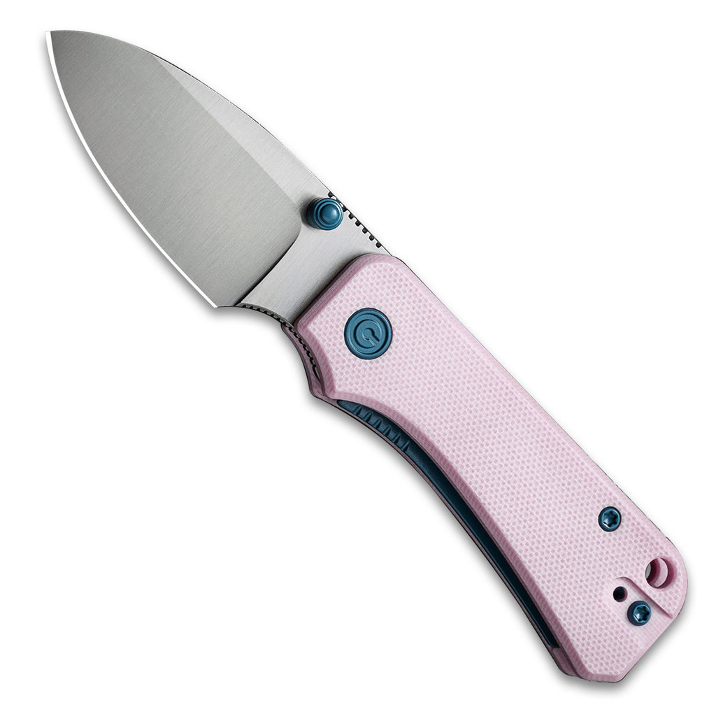 Opened front side of a CIVIV Baby Banter Pocket Knife with Powder Pink G10 scales and a Satin Nitro V flat grind drop point blade