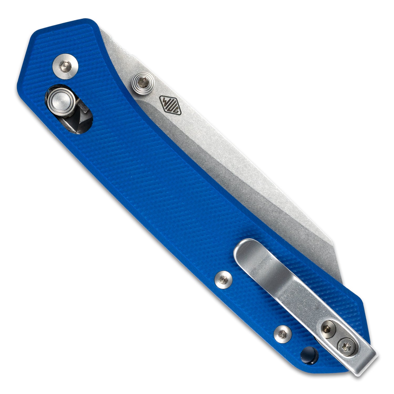 Closed clip side of a MKM Yipper Pocket Knife with Blue G10 handle and a stone washed CPM Magnacut flat grind reverse tanto blade