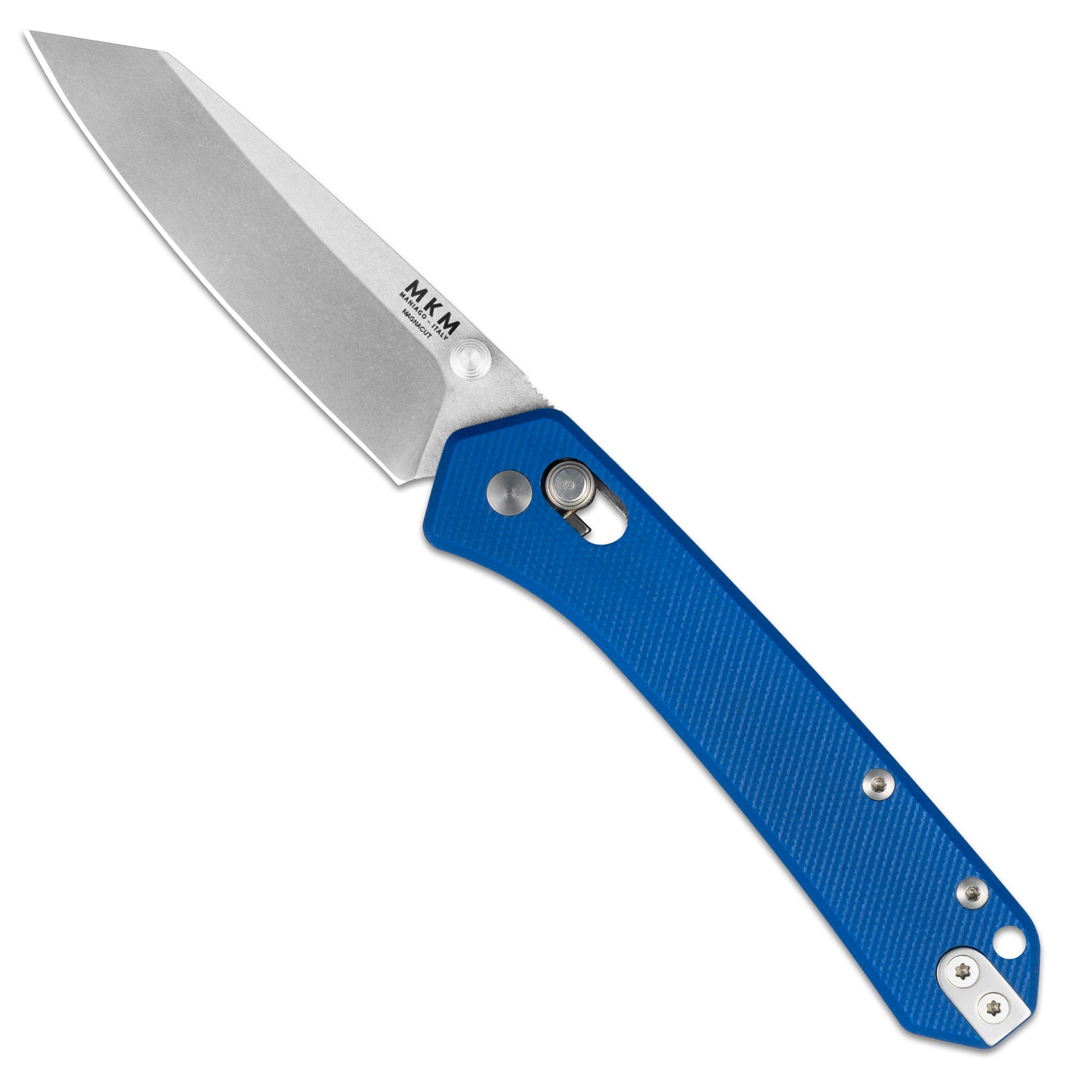Open front side of a MKM Yipper Pocket Knife with Blue G10 handle and a stone washed CPM Magnacut flat grind reverse tanto blade		
