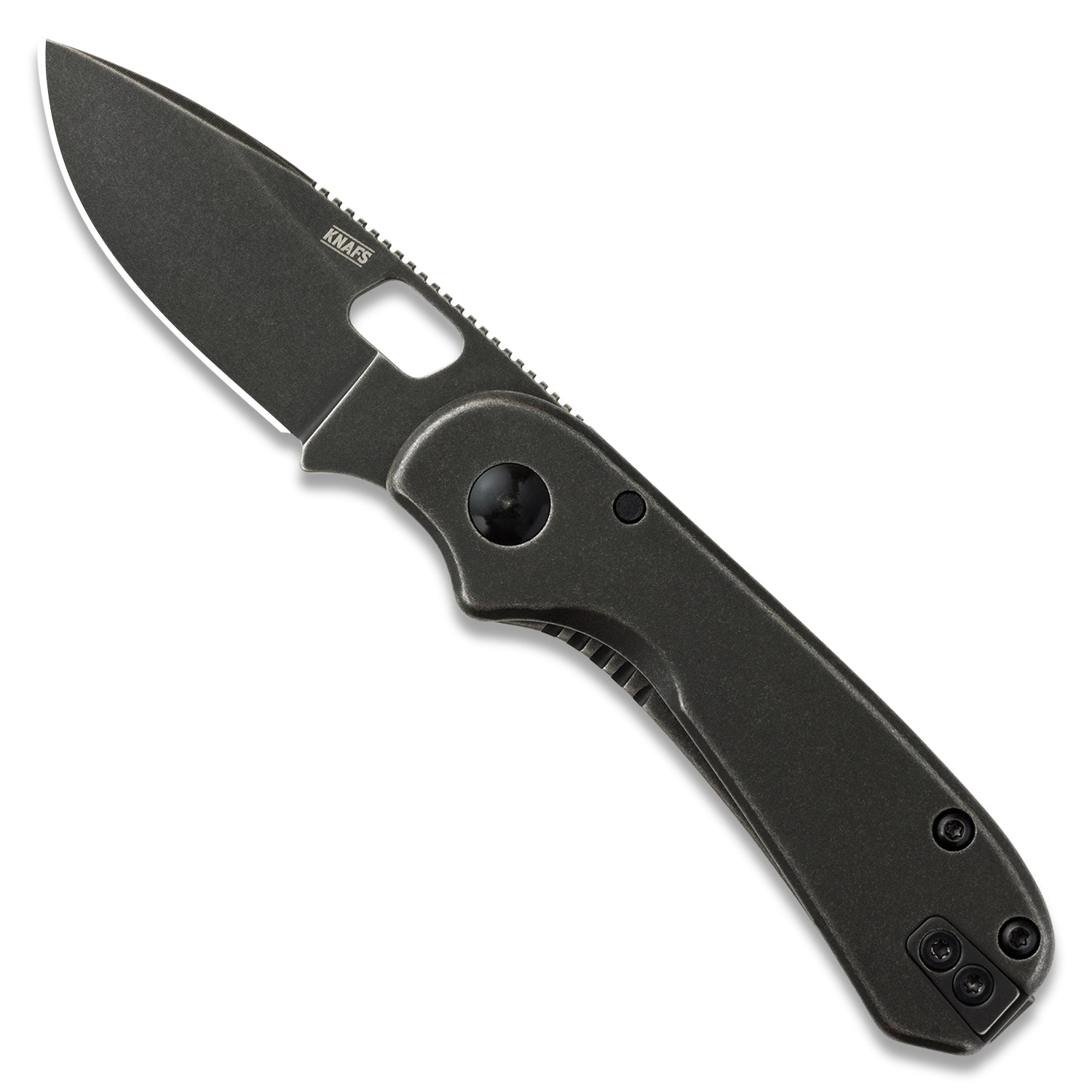 Black folding knife with a visible Knafs logo on a white background

KNAFS-00325 Lander 5 Pocket Knife Black Stonewash front open