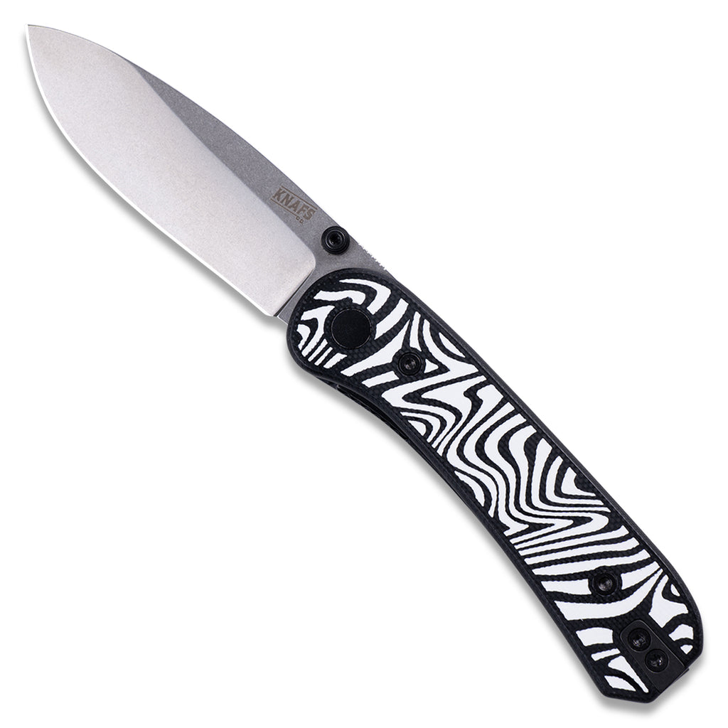 Knafs Lander 1 Pocket Knife Scales - Zebra Pattern G10 - Scale On Knife - Open Front
