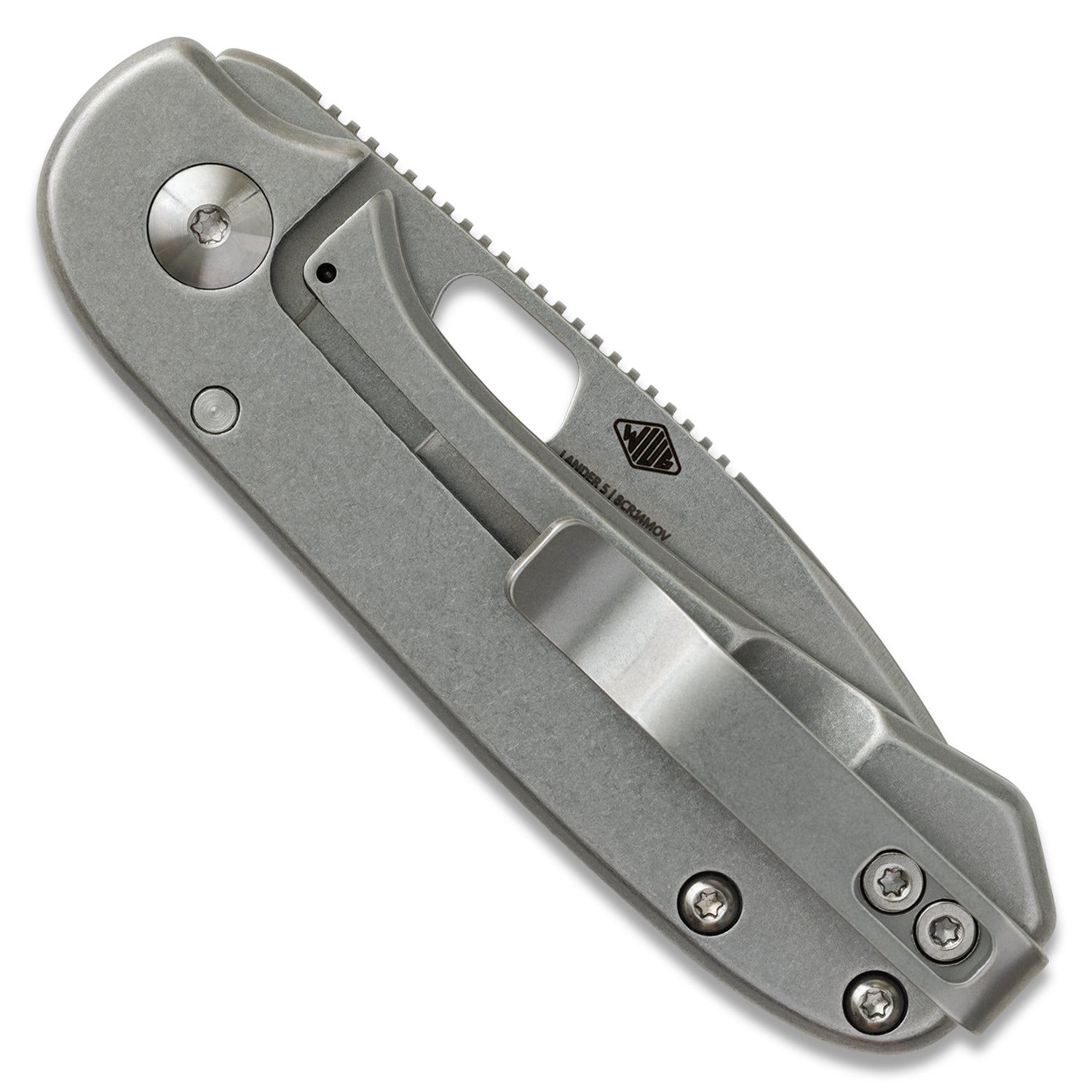 KNAFS-00396 
Lander 5 Silver folding knife on a white background