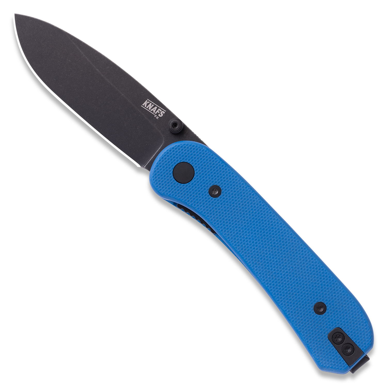 Lander 1 Pocket Knife - Flat G10 Scales - Pre-Built - open front Black blade blue handle
