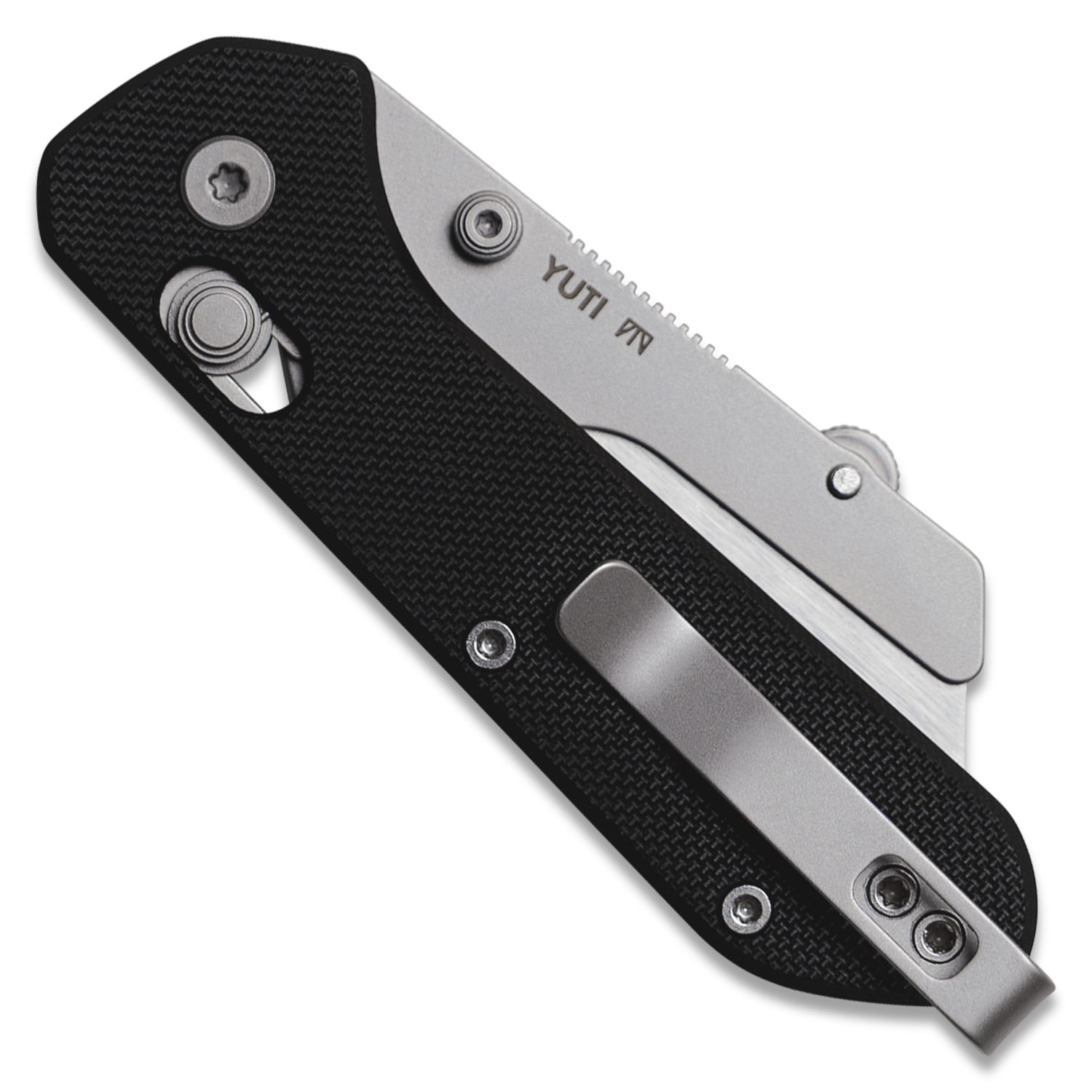 Yuti utility knife with black G10 handle, closed, front angled view