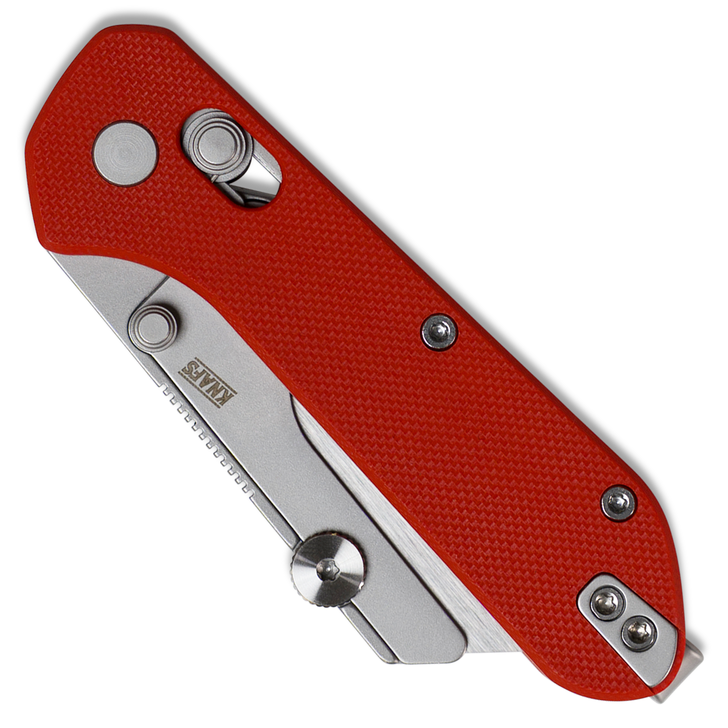 Yuti utility knife with red G10 handle, closed, front angled view