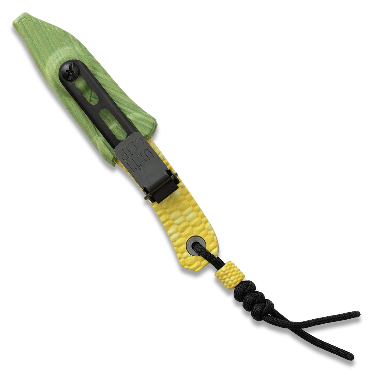 KNAFS-00642 fixed blade knife with yellow corn scales in corn husk sheath. Lander 4 Corn Knife.