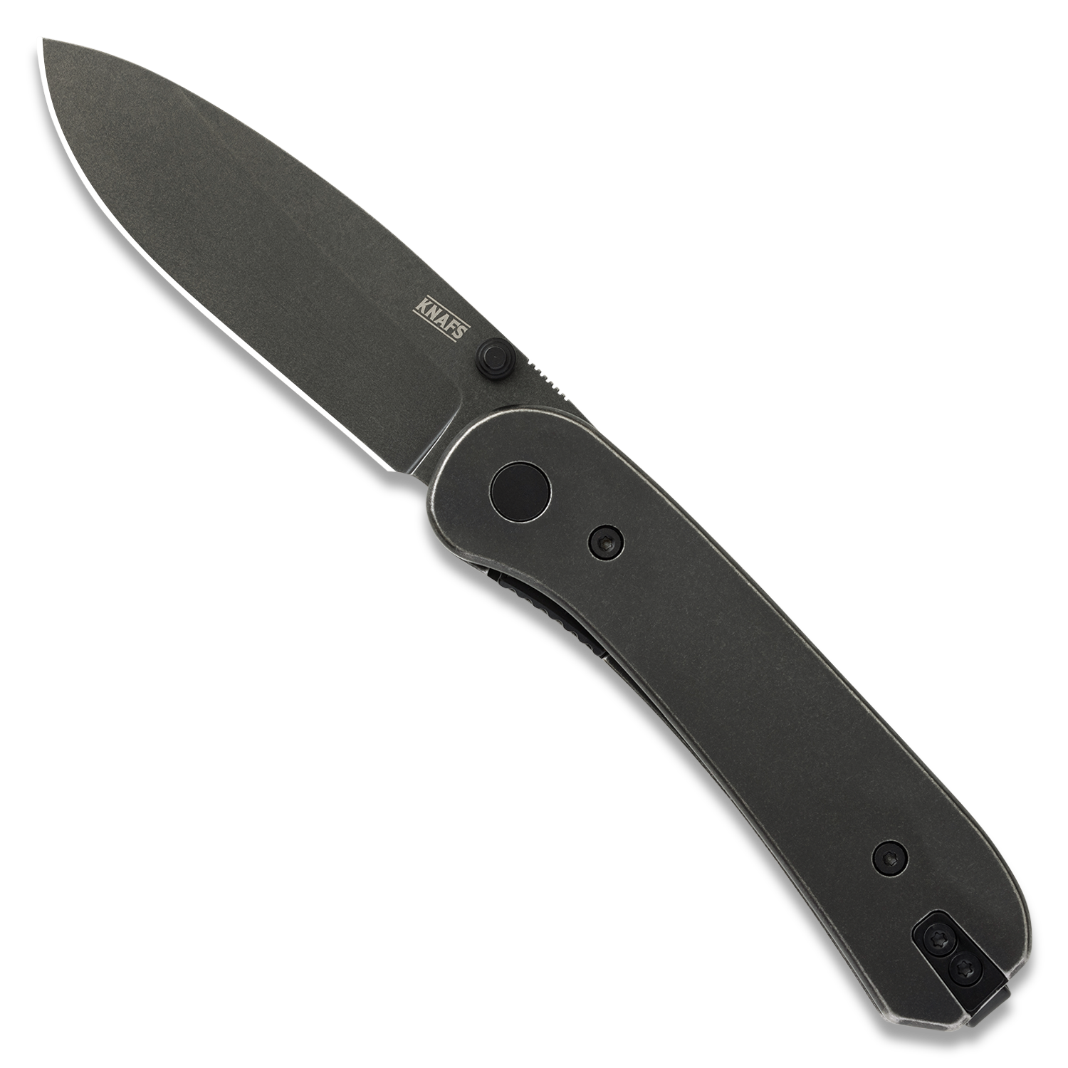 KNAFS-00647 Lander 1 Pocket Knife - Black Stonewash Steel - Black Stonewash D2 Open Front