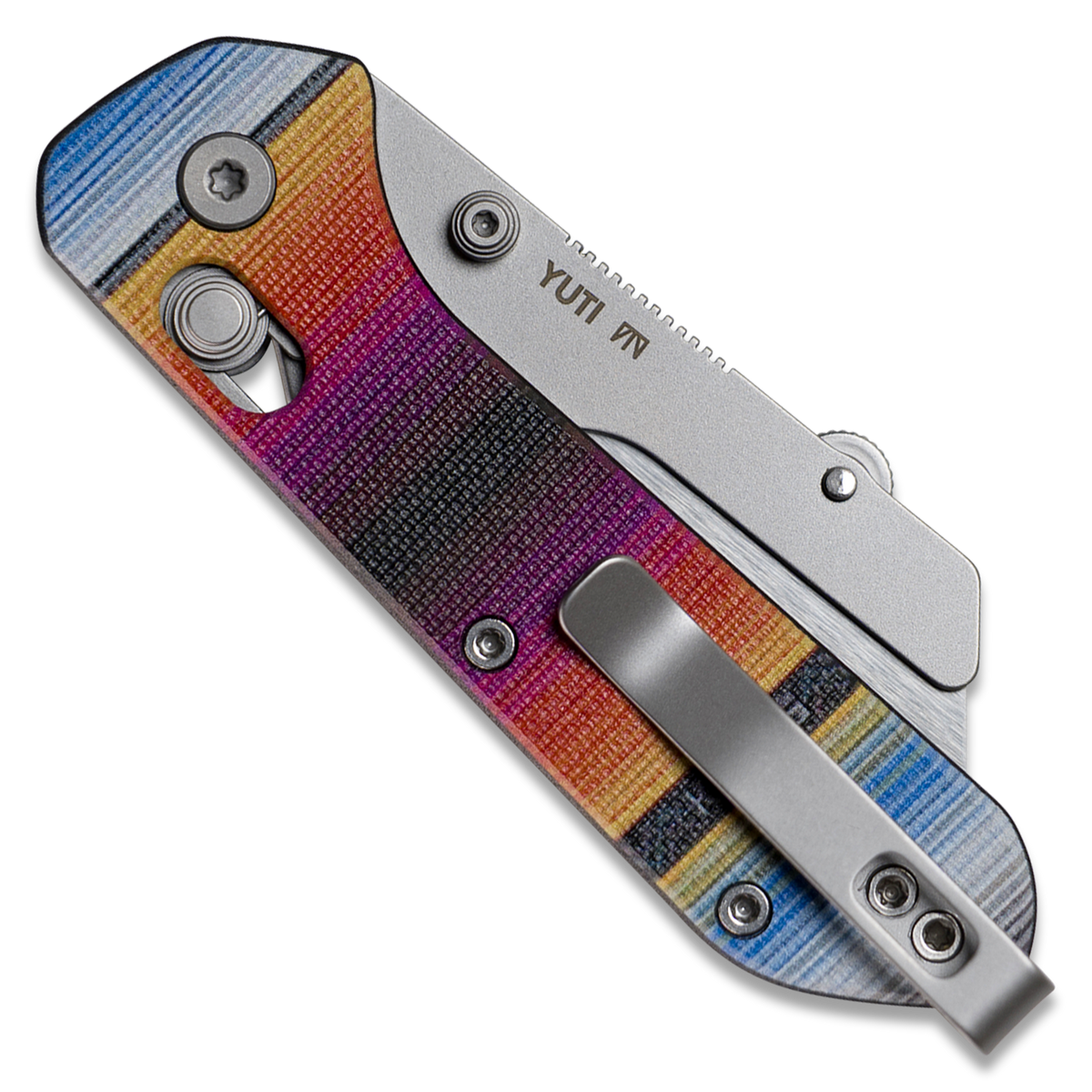 A folding pocket knife with a textured, multicolor striped handle and a silver titanium clip, shown open on a white background. The model name "YUTI" is visible on the metal razor blade.
