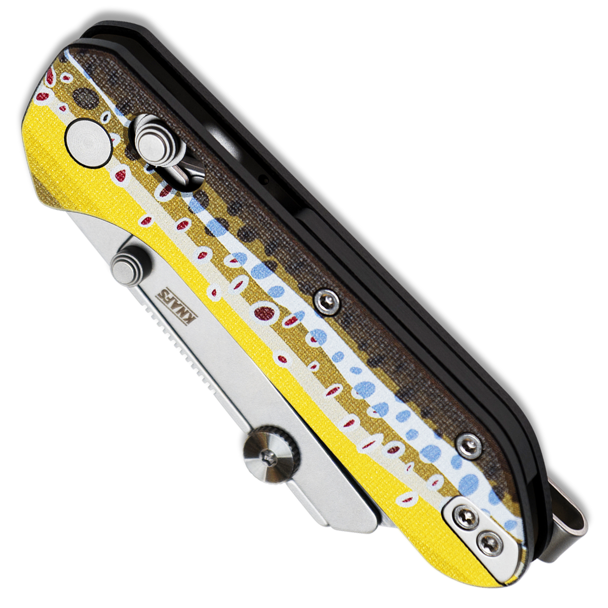 Yuti utility knife with UV printed brown trout pattern G10 handle, closed, angled view